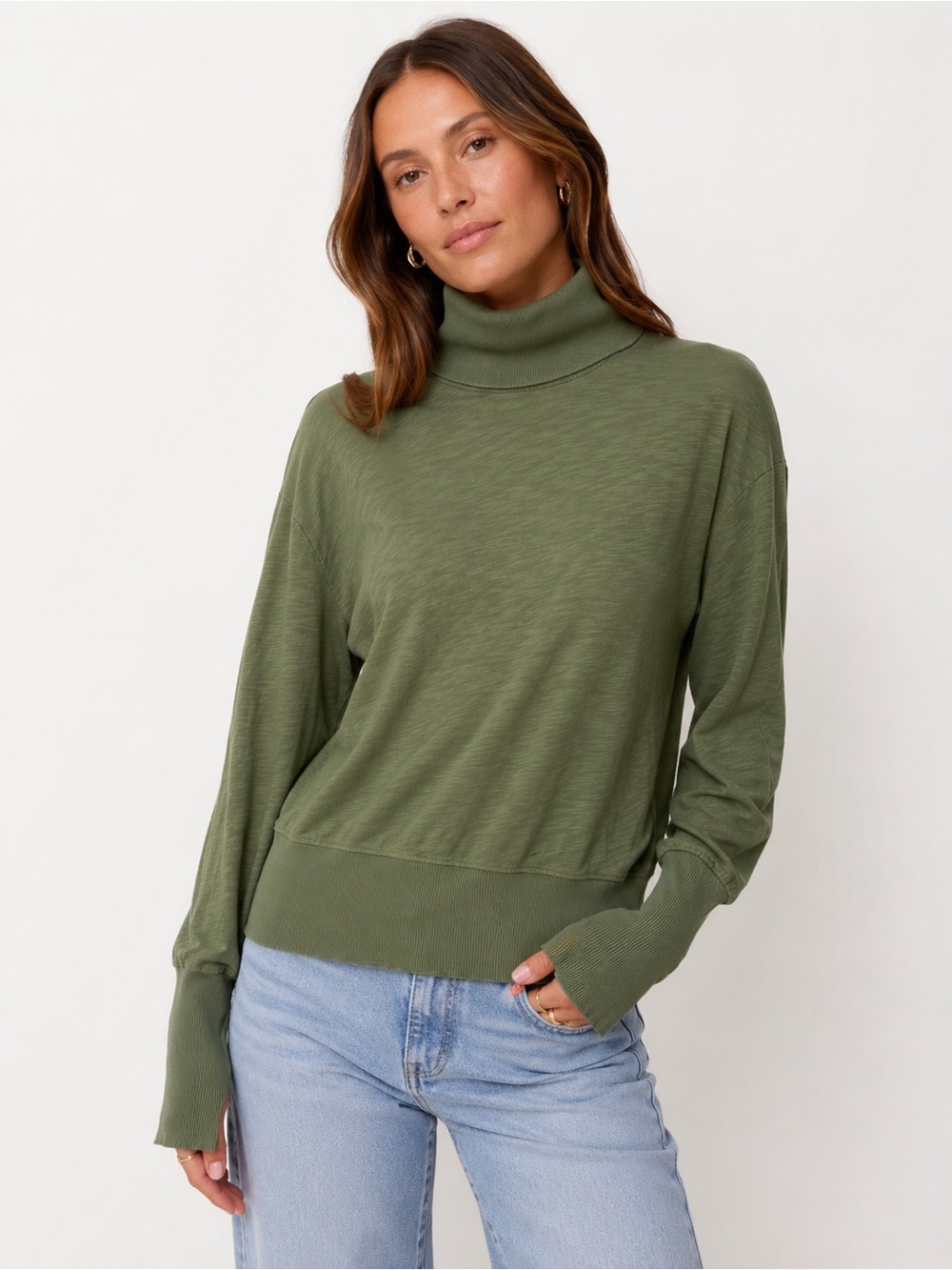 Bobi Los Angeles Green 100% Cotton Slub Ribbed Trim Turtleneck Top Small